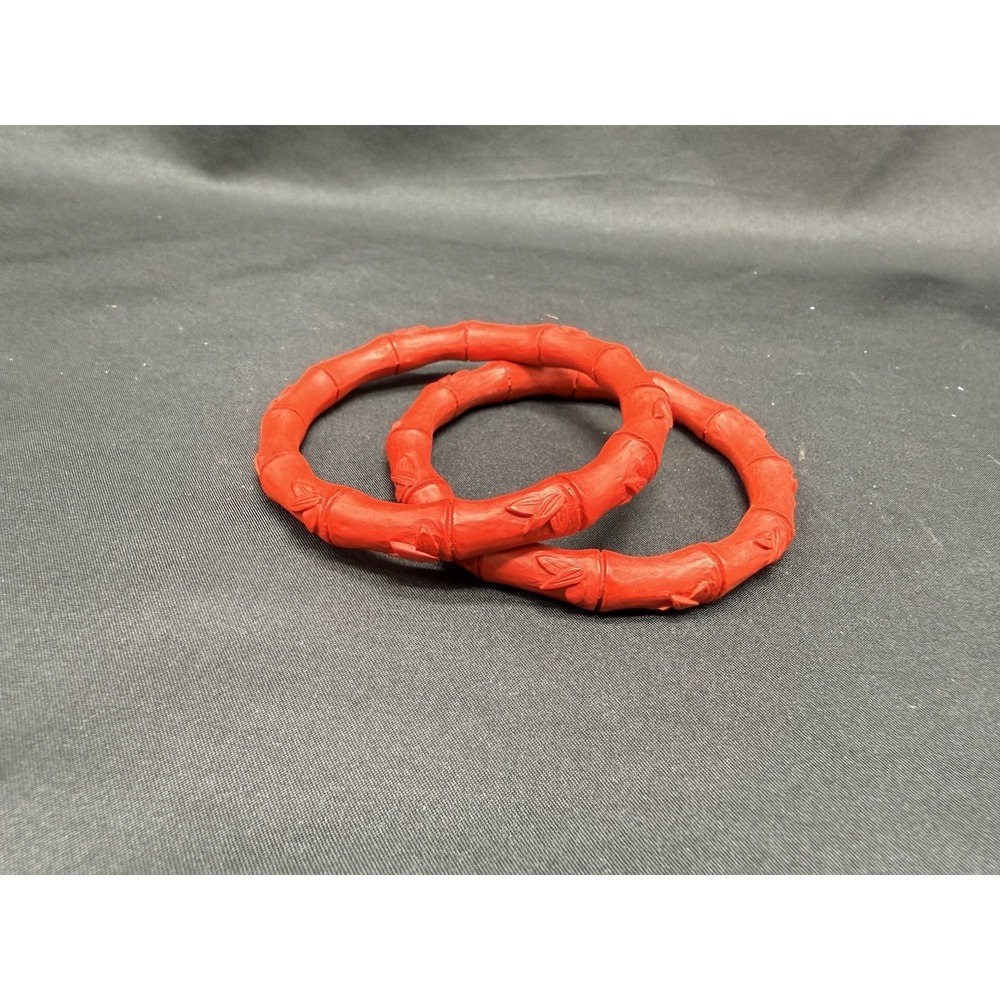 Vintage Red Cinnabar Style Carved Bamboo Bangle Bracelet Set‎ of 2